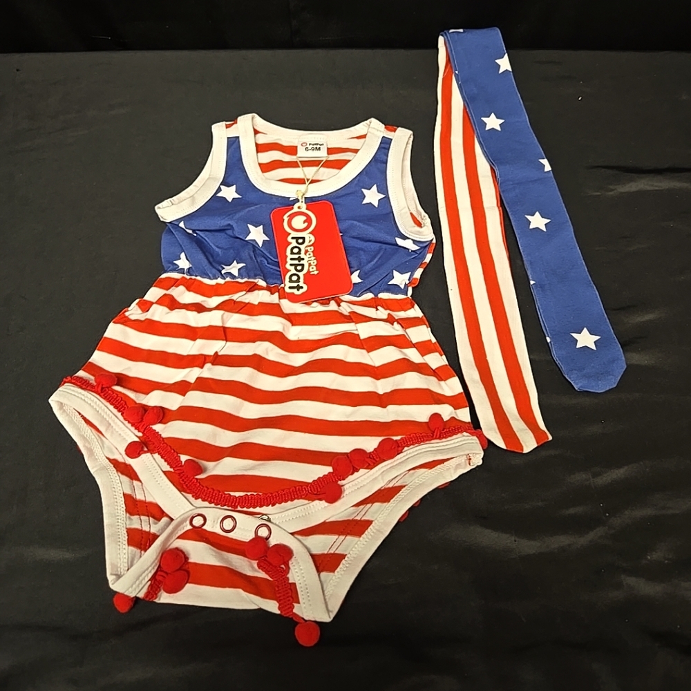 Size 6-9 Months Baby USA Romper With Headband Or Belt Set Red White & Blue